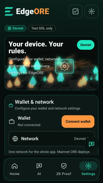 EdgeORE Settings screen on Android